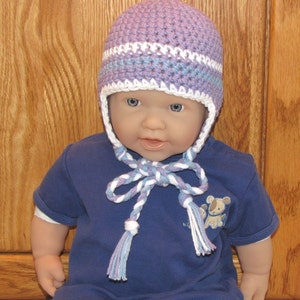 0 - 12 month Cotton Crocheted Earflap Beanie - Purple, White and Blue