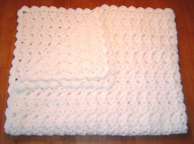 Handmade White Crocheted Baby Blanket Afghan