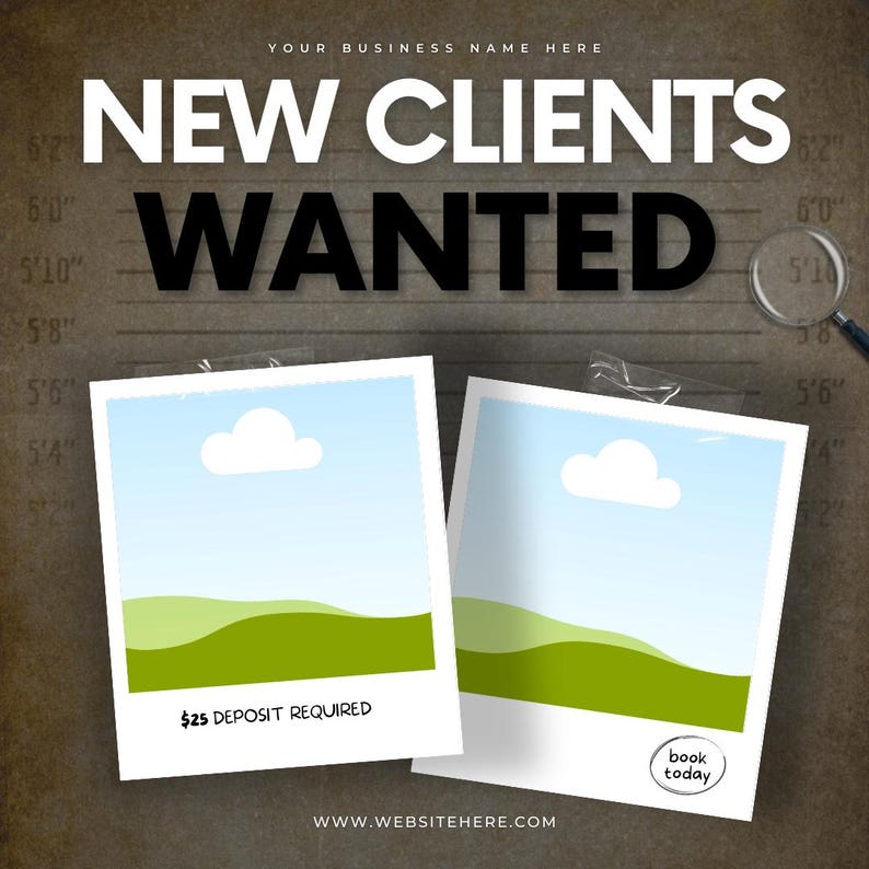 K&ouml;nnte beinhalten: Werbung mit dem Text "NEW CLIENTS WANTED" in gro&szlig;en wei&szlig;en Buchstaben. Zwei Bilder im Polaroid-Stil mit blauem Himmel und gr&uuml;ner Landschaft sind zu sehen. Der Text "25 $ DEPOSIT REQUIRED" und "book today" sind ebenfalls sichtbar.