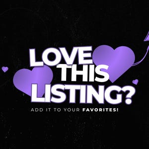 K&ouml;nnte beinhalten: Schwarzer Hintergrund mit dem Text "LOVE THIS LISTING?" in Wei&szlig;, mit zwei lila Herzen und einem Pfeil. Der Text "ADD IT TO YOUR FAVORITES!" steht darunter.