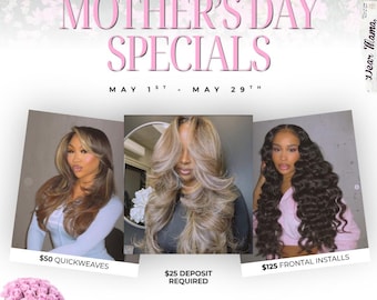 Mother's Day Booking Flyer, May Specials Flyer, Hairstylist, MUA, Nail Tech, Braider Specials for May Mother's Day, Canva Editable