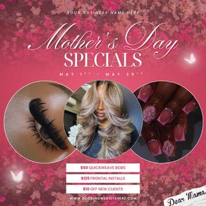 Op de afbeelding: Een Moederdag-advertentie met een roze bloemenachtergrond. De advertentie bevat afbeeldingen van een oog met lange wimpers, een vrouw met gelaagd blond haar en manicuur. Tekst bevat "Moederdag Specials" en serviceaanbiedingen.