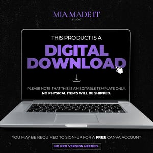 K&ouml;nnte beinhalten: Ein Laptop zeigt eine digitale Download-Grafik in Lila und Wei&szlig;. Der Text lautet "THIS PRODUCT IS A DIGITAL DOWNLOAD." Zus&auml;tzlicher Text erkl&auml;rt, dass es sich um eine editierbare Vorlage handelt, ohne physische Artikel. Der Text unten erw&auml;hnt ein kostenloses Canva-Konto.