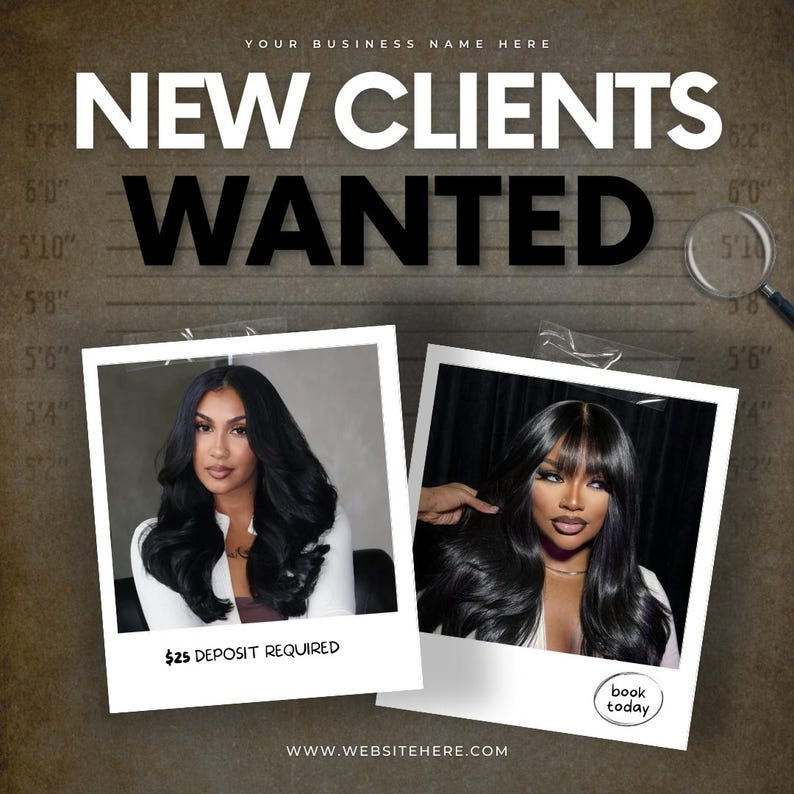 K&ouml;nnte beinhalten: Werbeanzeige mit dem Text "NEW CLIENTS WANTED" in wei&szlig;en Buchstaben auf braunem Hintergrund. Zwei Fotos von Frauen mit langen schwarzen Haaren sind abgebildet. Der Text "25 $ DEPOSIT REQUIRED" und "book today" sind ebenfalls enthalten.