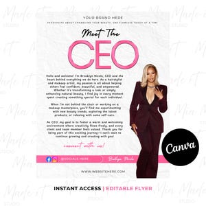 Puede incluir: Un folleto promocional con el texto "Meet The CEO" en rosa. El folleto presenta a una mujer con un traje burdeos e incluye iconos de redes sociales y el logotipo de Canva. El texto dice "Instant Access | Editable Flyer."
