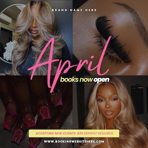 May include: A promotional image for beauty services. The image features four sections with photos of a woman with long blonde hair, a close-up of an eye with long lashes, and manicured nails. The text "April books now open" is displayed in pink.