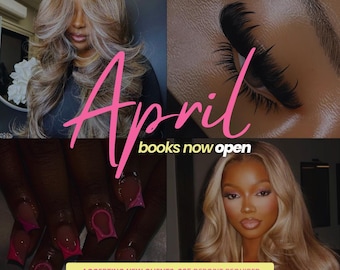 Folleto de reservas de abril, Reservas de abril abiertas, Técnico de uñas, Peluquero, Maquillador, Técnico de pestañas. Folleto de reservas editable para crear tú mismo, Descarga de Canva.