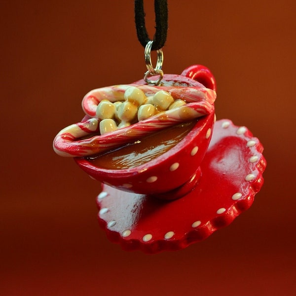 Christmas Tree Ornament or Necklace, Polymer Clay, Hot Chocolate Bomb heart shaped candy canes and marshmellows in a cup of hot chocolate