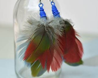 Feather Earrings, Boho Chic Earrings, Macaw Feathers, Red, Cobalt Blue, Green, Caribbean Blue, Hippie, Elegant, Lightweight, Feather Jewelry