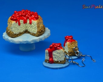 You can have your cake and wear it too, Cherry cheese cake on cake plate with slice earrings, Hand sculpted Polymer Clay, Cake Jewelry