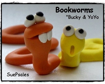 Two Polymer Clay Bookworms, Polymer Clay Reading Buddies, 3D Bookmarks, Polymer Clay Bookmarks, Fun Bookmarks, Cute Bookmarks