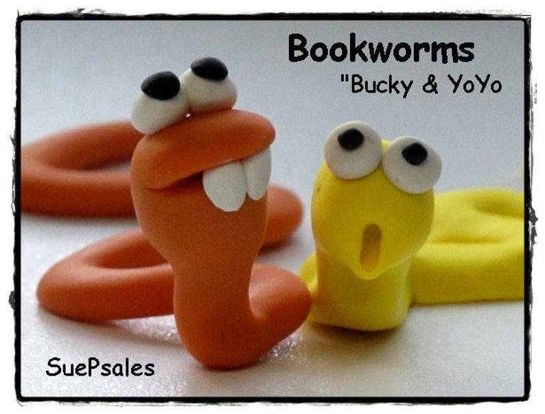 Two Polymer Clay Bookworms, Polymer Clay Reading Buddies, 3D Bookmarks, Polymer Clay Bookmarks, Fun Bookmarks, Cute Bookmarks image 1