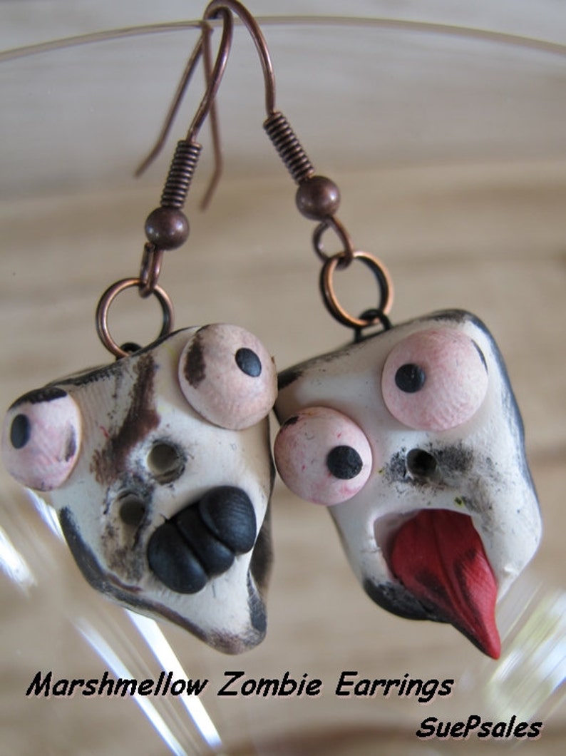 Halloween Earrings, Zombie Earrings, Clay Earrings, Toasted Marshmallow Zombies, Marshmallow, Fake Food Earrings, Zombie, Funny Earrings image 2