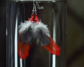 Feather Earrings, African Gray Parrot Earrings, Handmade, Boho, BohoHippie, RockerChick, Lightweight Earrings, Red, Grey Earrings, Feathers