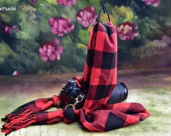 Camera Strap, Handmade, Scarf Camera Strap, Red, Black plaid camera strap,