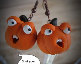 Pumpkin Earrings, Halloween Earrings, Thanksgiving Hostess Gift, Funny Earrings, Shut your pie hole, Polymer Clay, Novelty Earrings,