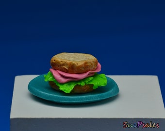 Faux Food, Miniature Food, Ham and Lettuce on Rye, Hand Sculpted Polymer Clay, Doll Food, Dolls are props, not incl only sandwich on plate