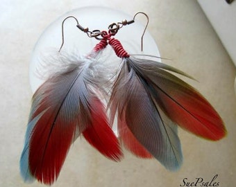 Feather Earrings, Handmade Earrings, Boho, Hippie, Elegant, Lightweight, Red, Turquoise Earrings, Rocker Chick, Macaw