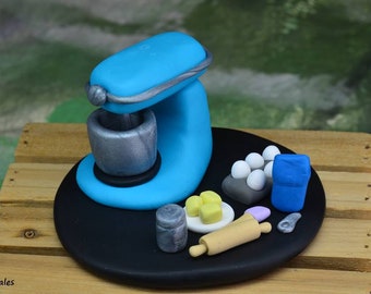 Miniatuur het bakken scène, Beeldje voor bakkers, kan als visitekaartjeshouder, hand gebeeldhouwd, polymeerklei, voor bakkers worden gebruikt