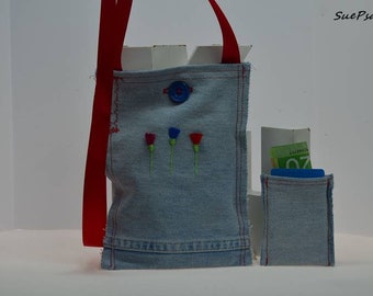 Denim Purse, Jeans Bag, Cross body purse, upcycled, purse, recycled denim bag, denim shoulder bag, cellphone purse, hand embroidered