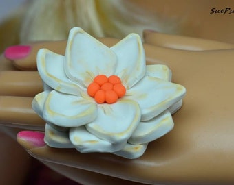 Flower Ring, Statement Ring, White with orange flower, Polymer Clay, Ring, Flower Jewelry, Polymer clay rings, floral rings, flower jewelry