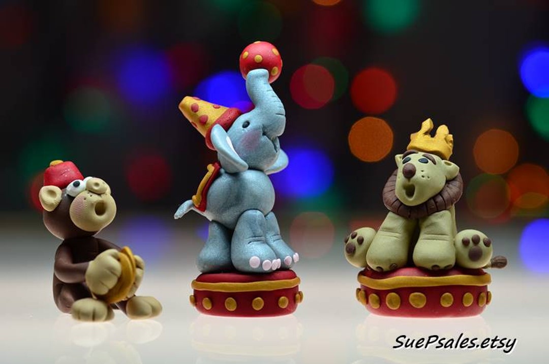 Circus Animal Cake Toppers, Circus Animals, Polymer Clay, Lion, Monkey, Elephant, Birthday Cake