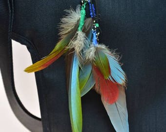 Feather Dangler, Boho Chic, Macaw Feathers, Red, Cobalt Blue, Green, Caribbean Blue, Zipper Pull, Bag Charm, Hair Clip, Hippie, Boho