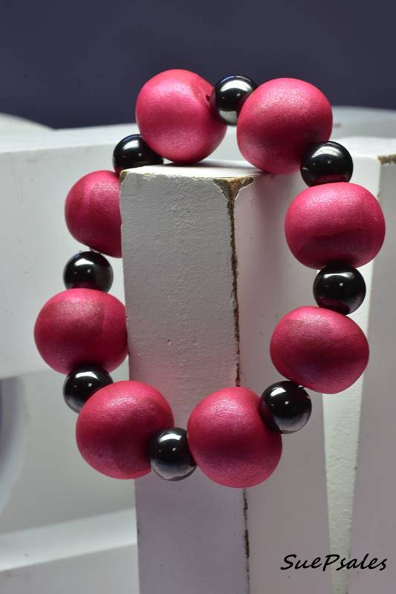 Beaded Bracelet, Magnetic Bracelet, Polymer Clay Bracelet, Deep Red, Burgandy, Made to fit you, choose a different color if you want image 2