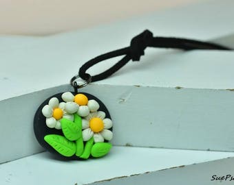 Flower Cameo Necklace, Round floral cameo, polymer clay, black base, white blossoms, daisy pendant, hand sculpted, flower cameo necklace