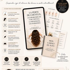 Peut inclure: Un guide numérique intitulé LA PERTE DE CHEVEUX, LES PROBLÈMES DU CUIR CHEVELU, LA MÉNOPAUSE, LES HORMONES, comprenant une tablette affichant la couverture, un carnet de suivi à spirales et des pages informatives avec schémas et texte en français.