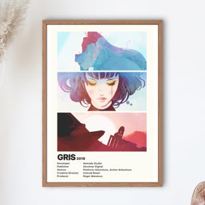 Może przedstawiać: Oprawiony wydruk artystyczny z cyfrową ilustracją z gry "GRIS" (2018). Grafika podzielona jest na trzy panele, przedstawiające kobietę z niebieskimi włosami i czerwono-różowym krajobrazem. Rama jest drewniana.