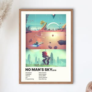 Może przedstawiać: Minimalistyczny projekt plakatu do gry wideo No Man's Sky. Plakat przedstawia trzy różne sceny z gry, w tym statek kosmiczny przelatujący nad planetą, postać gracza eksplorującą planetę oraz panoramiczny widok powierzchni planety. Plakat zawiera również tytuł gry, rok wydania i informacje o deweloperze.