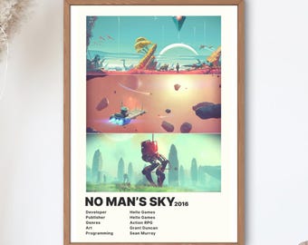 Può includere: Un design di poster minimalista per il videogioco No Man's Sky. Il poster presenta tre scene diverse del gioco, tra cui un'astronave che vola sopra un pianeta, un robot che cammina su un pianeta e un paesaggio con un grande cielo blu. Il poster include anche il titolo del gioco, l'anno di uscita e le informazioni sullo sviluppatore.