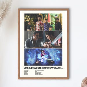 Puede incluir: Un póster de estilo retro para el videojuego "Like a Dragon: Infinite Wealth." El póster presenta tres escenas del juego, incluyendo un grupo de personajes de pie en una playa, dos personajes luchando y un personaje usando una habilidad mágica. El póster también incluye el título del juego, el desarrollador, el editor, los géneros, el director y el productor.