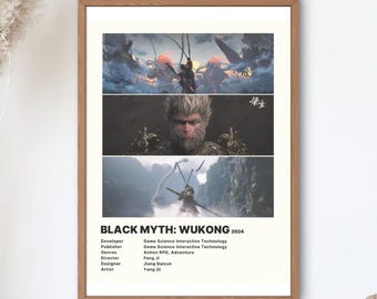 Może przedstawiać: Plakat do gry wideo "Black Myth: Wukong" przedstawiający małpę w dramatycznej pozie. Plakat jest podzielony na trzy sekcje, z których każda pokazuje inną scenę z gry. Tekst "BLACK MYTH: WUKONG 2024" znajduje się na dole plakatu.