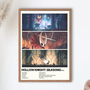 May include: A framed poster featuring three panels of artwork from the video game Hollow Knight: Silksong. The poster has a wooden frame and includes the game's title and developer information at the bottom. The artwork depicts characters and scenes from the game.