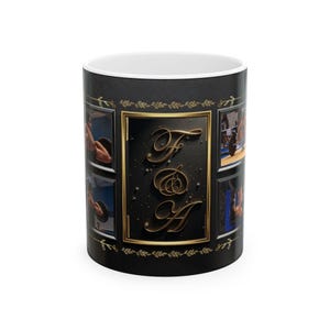 May include: White ceramic mug with a black background and gold accents. The mug features a central black rectangle with the gold letters "F D A". Four smaller frames contain images. A gold floral design borders the top and bottom.