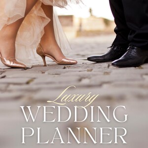May include: A couple's feet are shown, with the bride wearing gold glitter heels and a flowing dress. The groom wears black dress shoes and pants. The text "Luxury WEDDING PLANNER" is displayed in a soft, elegant font.