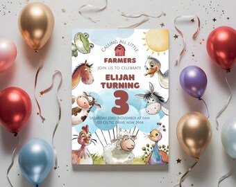 Editable Farm Animals Birthday Invitation, Customised Cute Farm Animals Birthday Invite, Girl and Boy Birthday, Instant Download.