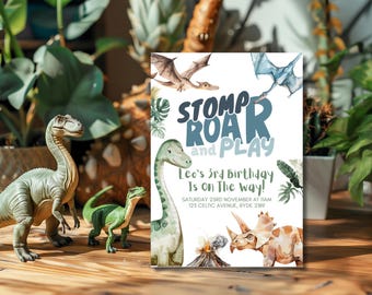 May include: A colorful dinosaur birthday party invitation with the text "STOMP ROAR and PLAY" and "Leo's 3rd Birthday Is on The Way!"  The invitation features a variety of dinosaurs, including a green brachiosaurus, a brown triceratops, and a blue pterodactyl.