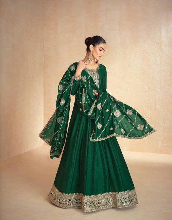 Silk Anarkali Gown With Zari Embroidered Dupatta