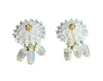 Vintage Clip On Clear Dangle Earrings Gold Accent Round