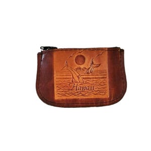 Vintage Hawaii Leather Coin Purse With Zipper Closure & Whale Design 4 X 3