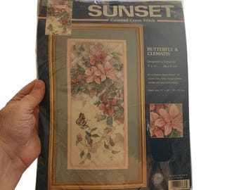 New Sunset Dimensions Butterfly & Clematis Counted Cross Stitch Kit #13686