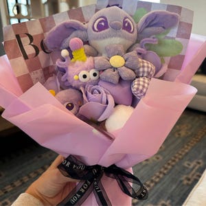 Unique Stitch Flower Bouquet with a Just for You Ribbon- Cute Disney Design with Purple Blooms, Pom Poms and Heart, Special Christmas Gift