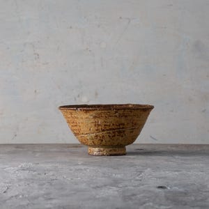 May include: A textured ceramic bowl with a wide, slightly flared rim. The bowl has a warm, earthy colour with brown accents and a small, circular base. The bowl is likely used for serving food or as a decorative piece.