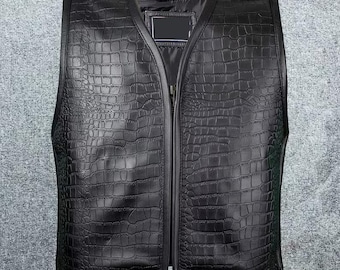 Men&#39;s Alligator Vest Biker Vest Club style Motorcycle Vest, Black Genuine Leather waistcoat, Birthday Gift, Christmas Gift