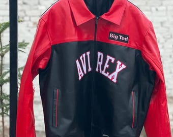 AVIREX USA Edition Icon Jacket In Black & Red Color, Military Bomber Jacket,Men&#39;s Bomber Jacket,Original Leather Jacket For Him,Gift For Him