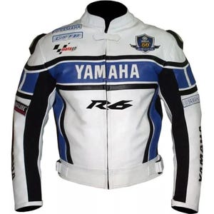 Blouson moto en cuir de course YAHAMA R6 - Cuir de vachette et protections de niveau 2 certifiées CE