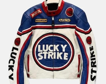 Lucky Leather Jacket, Racing Strike Blue Biker Jacket, Vintage Leather Jacket, Racing Streetwear, Handmade Gift for Him